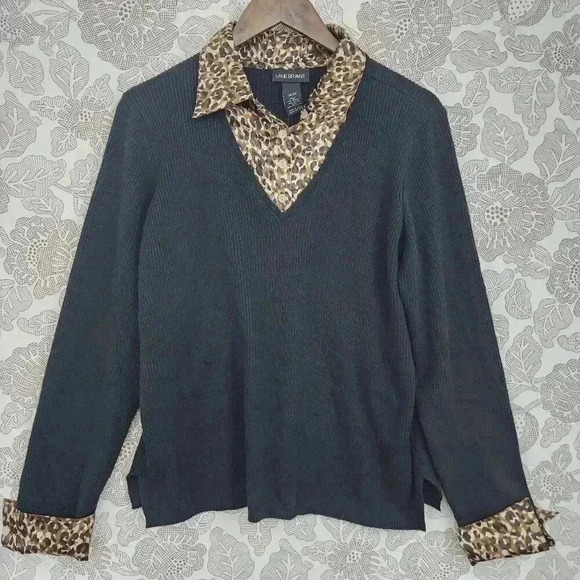 Lane Bryant Leopard Collar Pullover Ribbed Sweater Women's 18/20 Black Brown - Picture 1 of 7